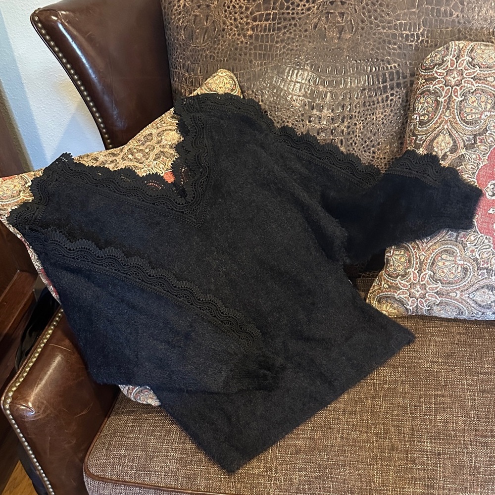 Beulah Black V-Neck Sweater with Lace Trim